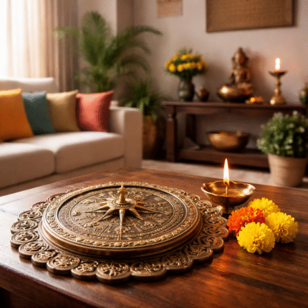 Vastu Shastra inspired Indian living room with brass compass, diya and natural sunlight creating positive energy and balanced home environment