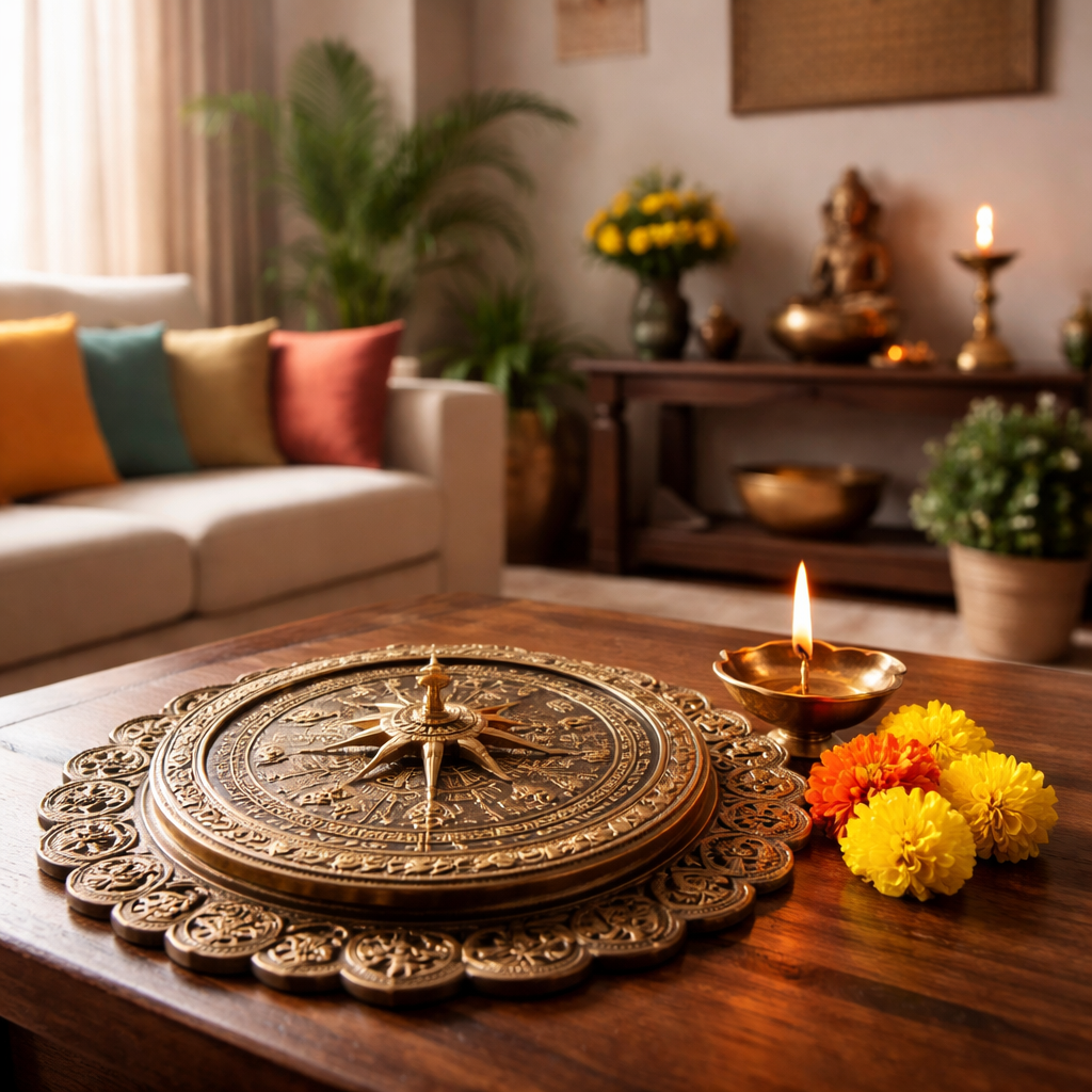 Vastu Shastra inspired Indian living room with brass compass, diya and natural sunlight creating positive energy and balanced home environment