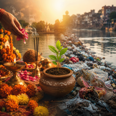 Hindu puja setup with diya and flowers near polluted river showing need for eco friendly Vedic rituals and clean environment in India