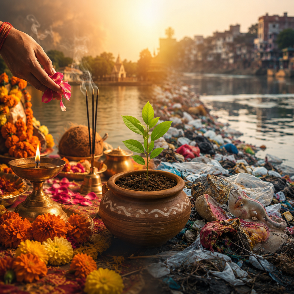 Hindu puja setup with diya and flowers near polluted river showing need for eco friendly Vedic rituals and clean environment in India