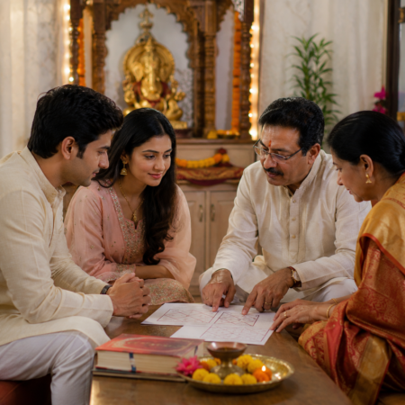 Hindu couple and family consulting a Vedic astrologer for astrology before marriage and kundli matching