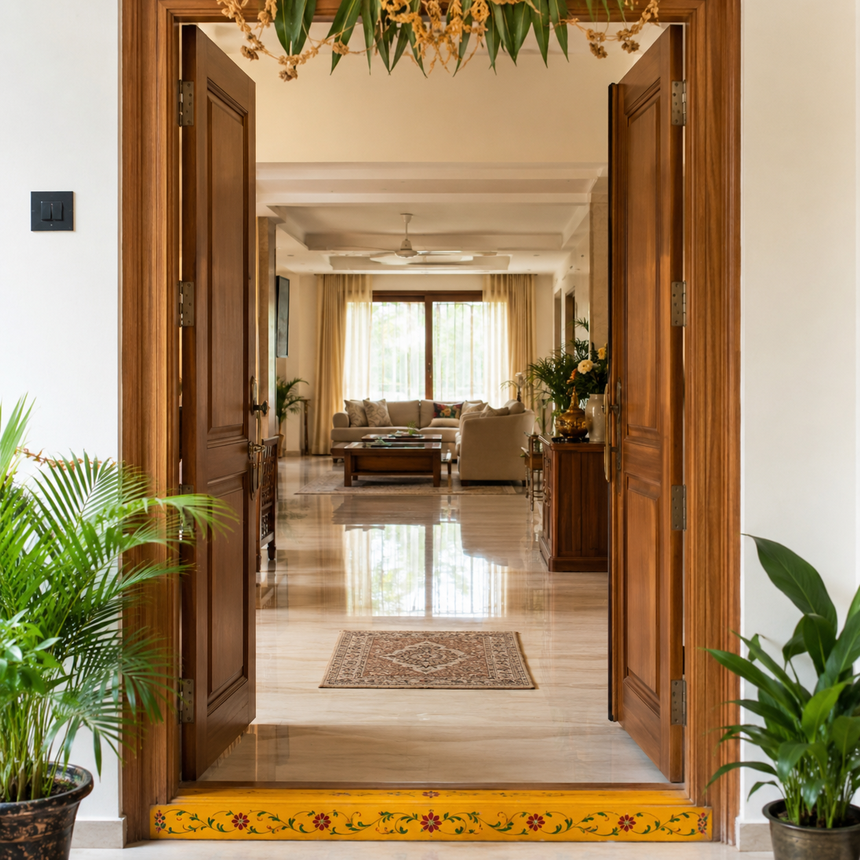 Vastu for Homes. Well-designed Indian home entrance with natural light, wooden doors, indoor plants, and spacious interiors reflecting key Vastu principles.
