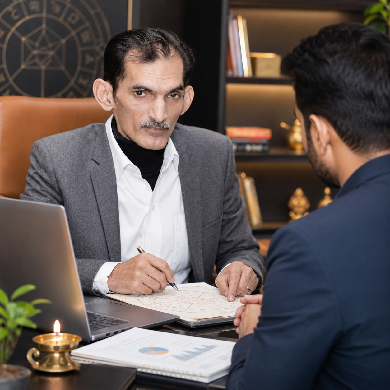 Astrology for Entrepreneurs. Indian entrepreneur taking Vedic astrology consultation before starting a new business