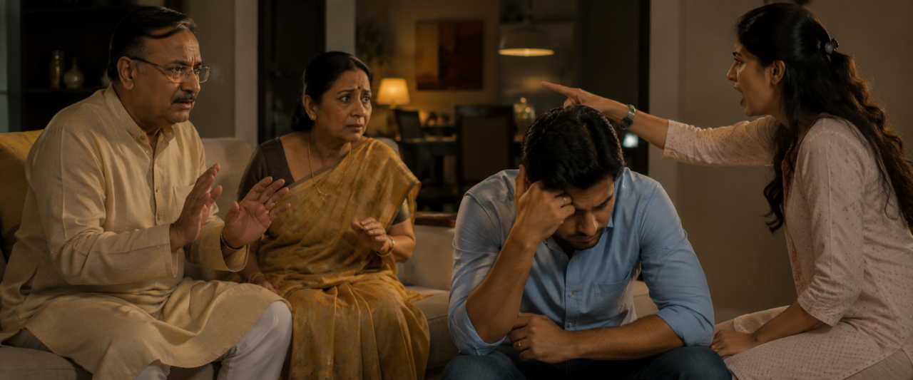 Married Indian couple experiencing family conflict and communication challenges in a modern household