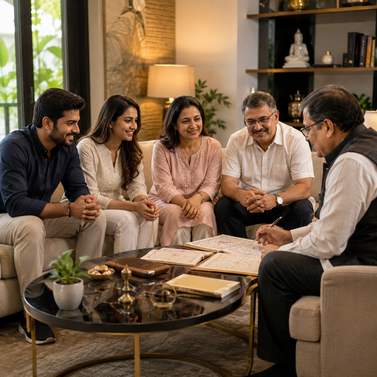 Indian bride and groom with family consulting an astrologer for marriage Muhurat calculation in a modern home