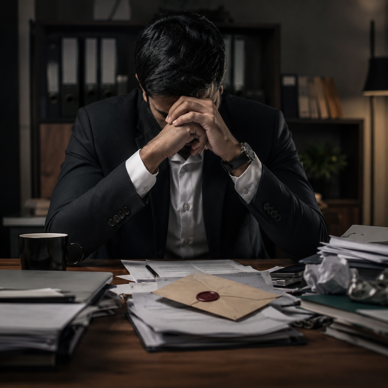 Indian businessman sitting disappointed in a cluttered office with a returned envelope on the desk, representing financial struggles and the need for office Vastu remedies for financial growth.