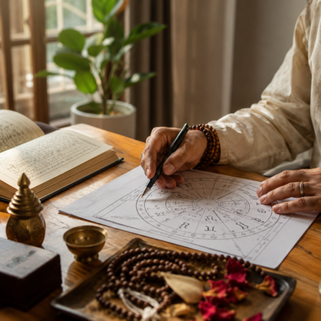 Young Indian woman thoughtfully looking outside while studying her Vedic astrology birth chart to understand marriage timing and relationship guidance.