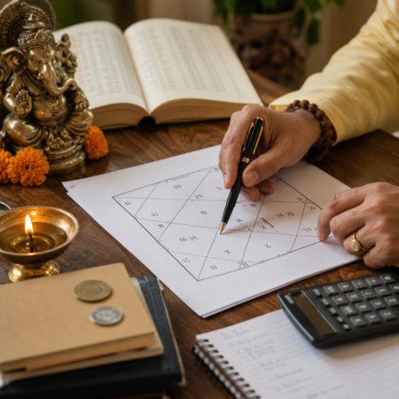 Vedic astrologer analyzing a birth chart to provide financial problems solution through authentic astrology guidance