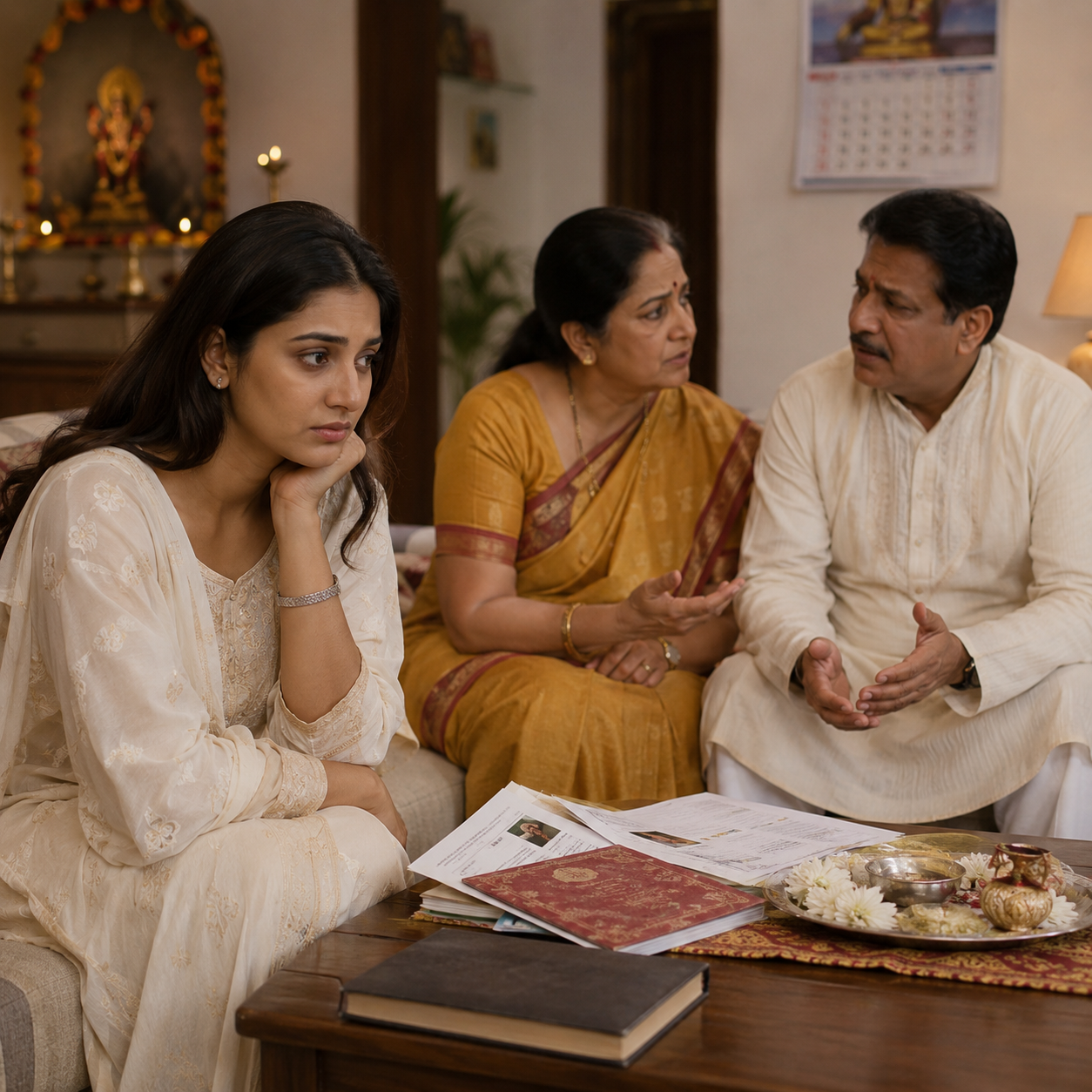 Indian family discussing marriage delay and horoscope guidance at home