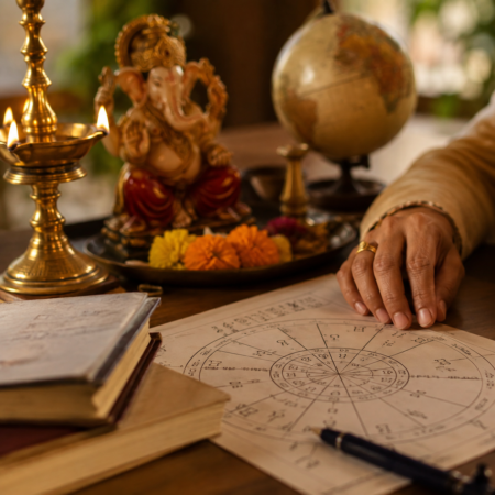 Why Indians Trust Astrology – Vedic astrologer analyzing a Kundli with traditional Indian spiritual elements