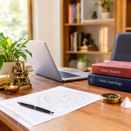 Astro Vastu remedies for career growth with a Vedic astrology workspace