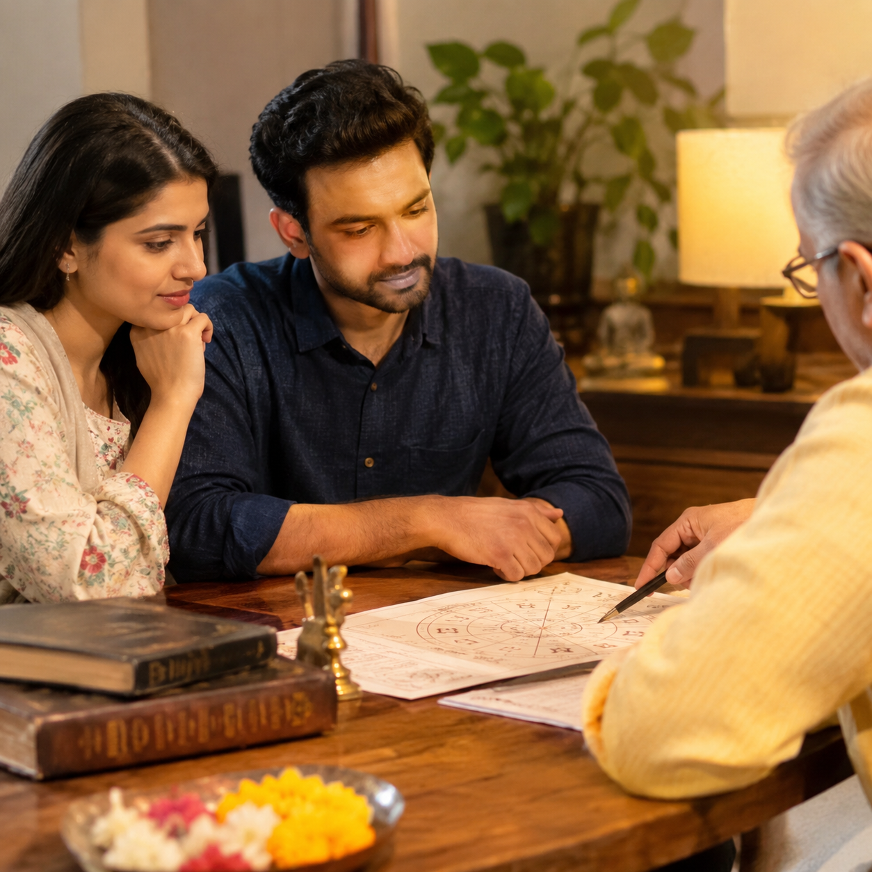 Indian couple consulting a Vedic astrologer about birth chart compatibility for marriage