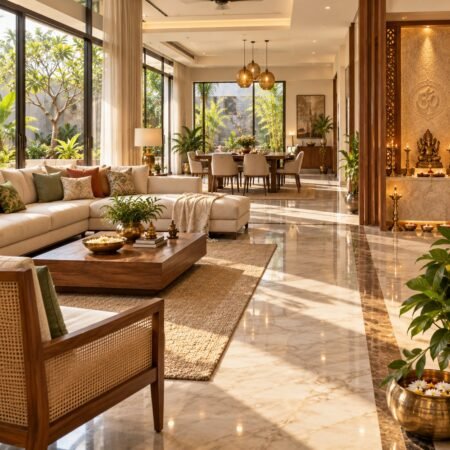 Modern luxury Indian home interior showing balanced design, natural light and Vastu-friendly living space