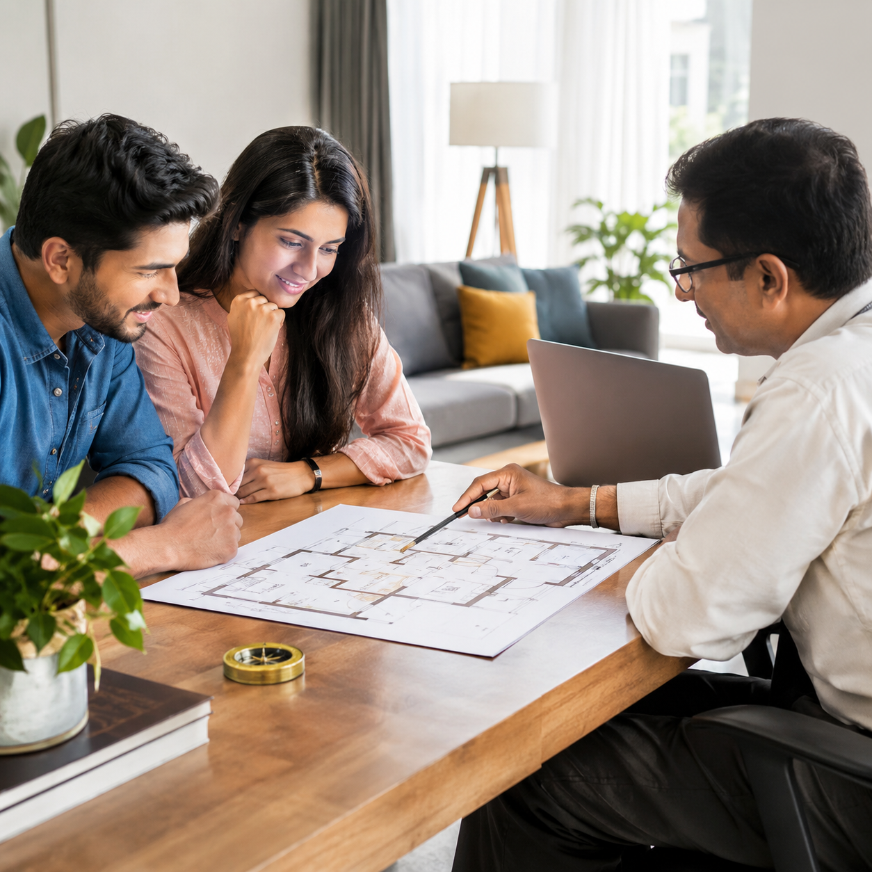 No Demolition Vastu Expert explaining a home floor plan to an Indian couple