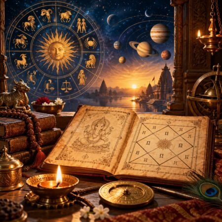 Vedic astrology meaning with kundli birth chart, planets and traditional Indian astrology symbols